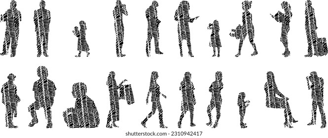 Vector illustration, Outline silhouettes of people, Contour drawing, people silhouette, Icon Set Isolated , Silhouette of sitting people, Architectural set	
