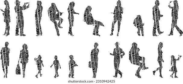 Vector illustration, Outline silhouettes of people, Contour drawing, people silhouette, Icon Set Isolated , Silhouette of sitting people, Architectural set	
