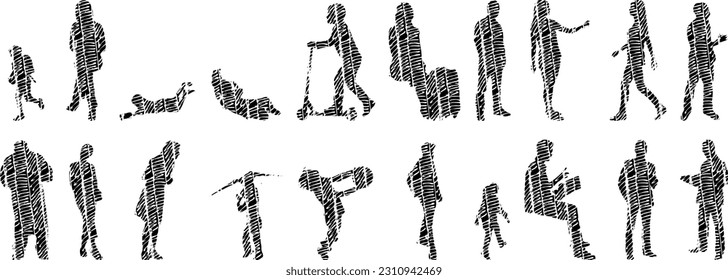 Vector illustration, Outline silhouettes of people, Contour drawing, people silhouette, Icon Set Isolated , Silhouette of sitting people, Architectural set	
