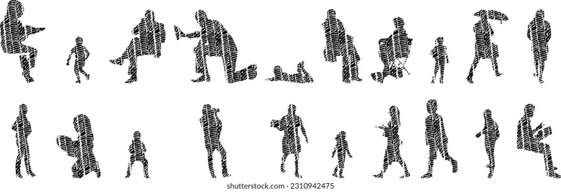 Vector illustration, Outline silhouettes of people, Contour drawing, people silhouette, Icon Set Isolated , Silhouette of sitting people, Architectural set	
