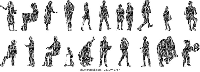 Vector illustration, Outline silhouettes of people, Contour drawing, people silhouette, Icon Set Isolated , Silhouette of sitting people, Architectural set	
