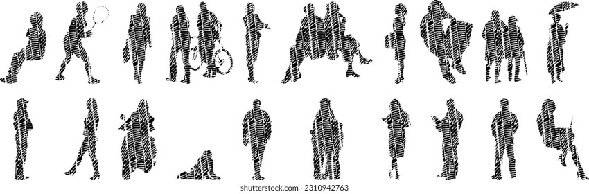 Vector illustration, Outline silhouettes of people, Contour drawing, people silhouette, Icon Set Isolated , Silhouette of sitting people, Architectural set	
