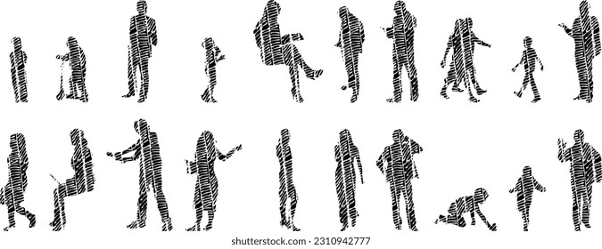 Vector illustration, Outline silhouettes of people, Contour drawing, people silhouette, Icon Set Isolated , Silhouette of sitting people, Architectural set	
