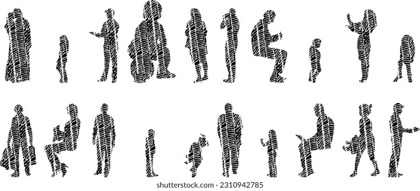 Vector illustration, Outline silhouettes of people, Contour drawing, people silhouette, Icon Set Isolated , Silhouette of sitting people, Architectural set	
