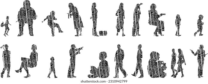 Vector illustration, Outline silhouettes of people, Contour drawing, people silhouette, Icon Set Isolated , Silhouette of sitting people, Architectural set	
