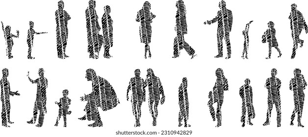 Vector illustration, Outline silhouettes of people, Contour drawing, people silhouette, Icon Set Isolated , Silhouette of sitting people, Architectural set	
