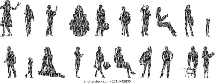 Vector illustration, Outline silhouettes of people, Contour drawing, people silhouette, Icon Set Isolated , Silhouette of sitting people, Architectural set	
