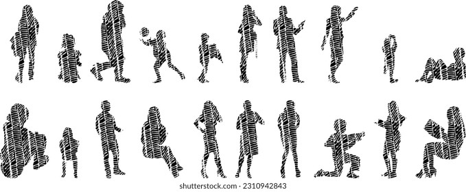 Vector illustration, Outline silhouettes of people, Contour drawing, people silhouette, Icon Set Isolated , Silhouette of sitting people, Architectural set	
