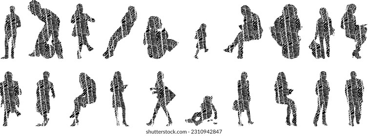 Vector illustration, Outline silhouettes of people, Contour drawing, people silhouette, Icon Set Isolated , Silhouette of sitting people, Architectural set	
