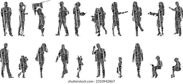 Vector illustration, Outline silhouettes of people, Contour drawing, people silhouette, Icon Set Isolated , Silhouette of sitting people, Architectural set	
