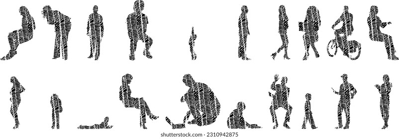 Vector illustration, Outline silhouettes of people, Contour drawing, people silhouette, Icon Set Isolated , Silhouette of sitting people, Architectural set	

