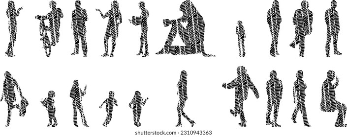Vector illustration, Outline silhouettes of people, Contour drawing, people silhouette, Icon Set Isolated , Silhouette of sitting people, Architectural set	
