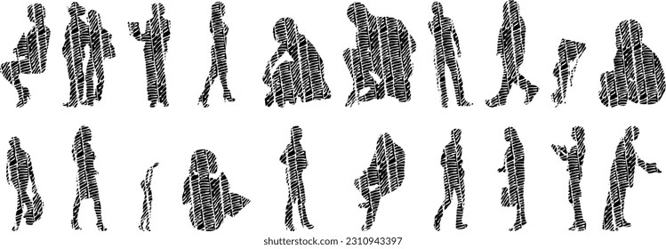 Vector illustration, Outline silhouettes of people, Contour drawing, people silhouette, Icon Set Isolated , Silhouette of sitting people, Architectural set	
