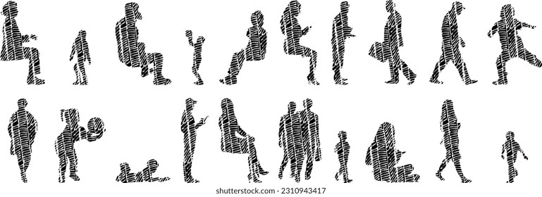 Vector illustration, Outline silhouettes of people, Contour drawing, people silhouette, Icon Set Isolated , Silhouette of sitting people, Architectural set	
