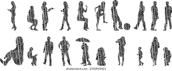 Vector illustration, Outline silhouettes of people, Contour drawing, people silhouette, Icon Set Isolated , Silhouette of sitting people, Architectural set	
