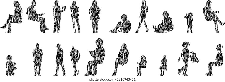 Vector illustration, Outline silhouettes of people, Contour drawing, people silhouette, Icon Set Isolated , Silhouette of sitting people, Architectural set	
