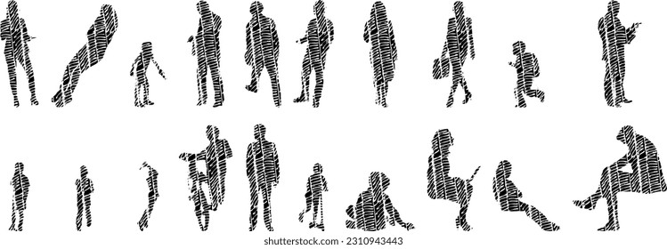 Vector illustration, Outline silhouettes of people, Contour drawing, people silhouette, Icon Set Isolated , Silhouette of sitting people, Architectural set	
