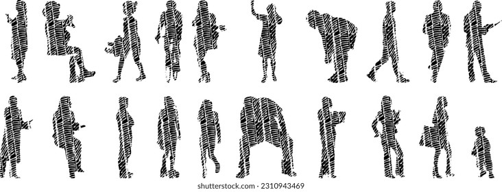 Vector illustration, Outline silhouettes of people, Contour drawing, people silhouette, Icon Set Isolated , Silhouette of sitting people, Architectural set	
