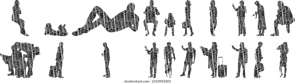 Vector illustration, Outline silhouettes of people, Contour drawing, people silhouette, Icon Set Isolated , Silhouette of sitting people, Architectural set	
