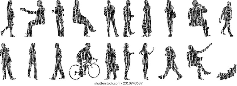 Vector illustration, Outline silhouettes of people, Contour drawing, people silhouette, Icon Set Isolated , Silhouette of sitting people, Architectural set	
