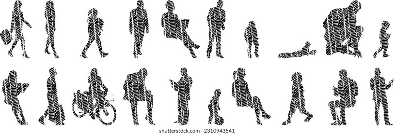 Vector illustration, Outline silhouettes of people, Contour drawing, people silhouette, Icon Set Isolated , Silhouette of sitting people, Architectural set	
