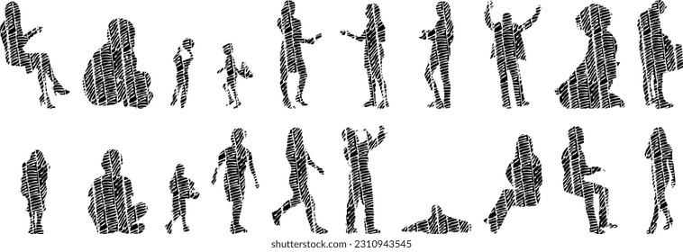 Vector illustration, Outline silhouettes of people, Contour drawing, people silhouette, Icon Set Isolated , Silhouette of sitting people, Architectural set	
