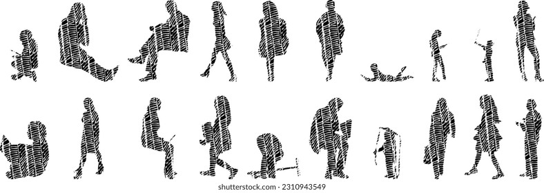 Vector illustration, Outline silhouettes of people, Contour drawing, people silhouette, Icon Set Isolated , Silhouette of sitting people, Architectural set	
