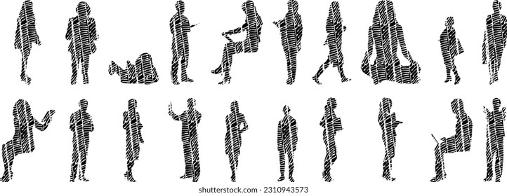 Vector illustration, Outline silhouettes of people, Contour drawing, people silhouette, Icon Set Isolated , Silhouette of sitting people, Architectural set	
