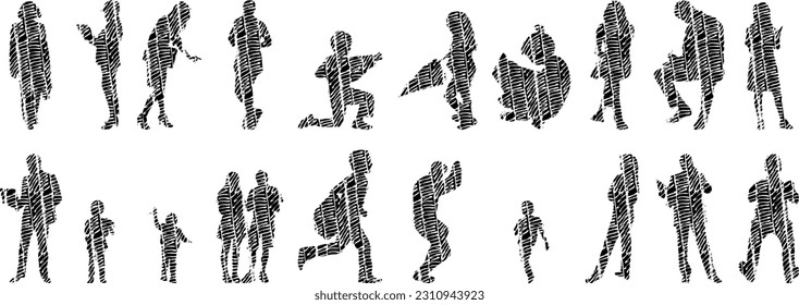 Vector illustration, Outline silhouettes of people, Contour drawing, people silhouette, Icon Set Isolated , Silhouette of sitting people, Architectural set	
