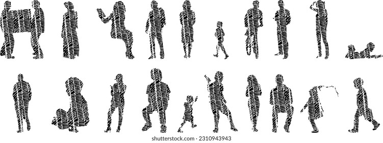 Ilustración vectorial, Siluetas de contorno de personas, Dibujo de contorno, silueta de personas, Conjunto de íconos aislados, Silueta de personas sentadas, Conjunto arquitectónico	
