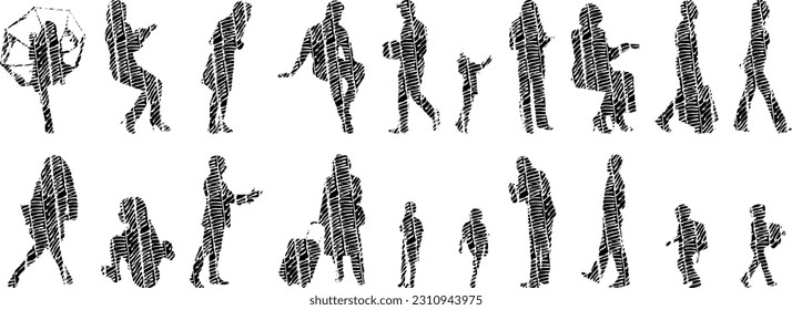 Vector illustration, Outline silhouettes of people, Contour drawing, people silhouette, Icon Set Isolated , Silhouette of sitting people, Architectural set	
