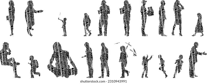 Vector illustration, Outline silhouettes of people, Contour drawing, people silhouette, Icon Set Isolated , Silhouette of sitting people, Architectural set	
