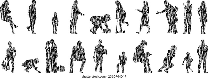 Vector illustration, Outline silhouettes of people, Contour drawing, people silhouette, Icon Set Isolated , Silhouette of sitting people, Architectural set	
