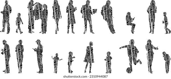 Vector illustration, Outline silhouettes of people, Contour drawing, people silhouette, Icon Set Isolated , Silhouette of sitting people, Architectural set	
