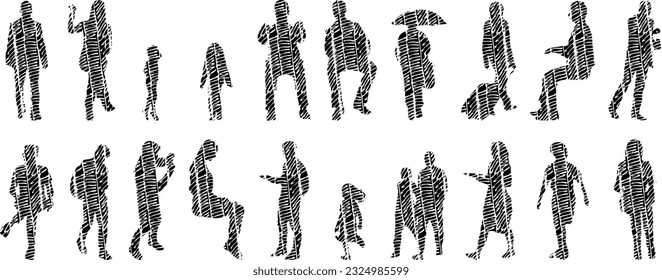 Vector illustration, Outline silhouettes of people, Contour drawing, people silhouette, Icon Set Isolated , Silhouette of sitting people, Architectural set	
