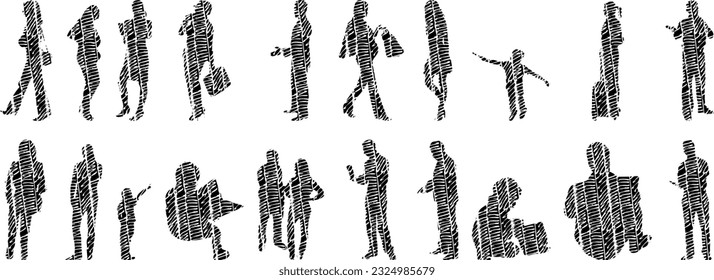 Vector illustration, Outline silhouettes of people, Contour drawing, people silhouette, Icon Set Isolated , Silhouette of sitting people, Architectural set	
