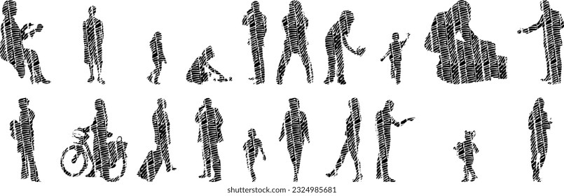 Vector illustration, Outline silhouettes of people, Contour drawing, people silhouette, Icon Set Isolated , Silhouette of sitting people, Architectural set	
