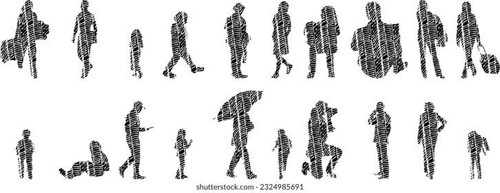 Vector illustration, Outline silhouettes of people, Contour drawing, people silhouette, Icon Set Isolated , Silhouette of sitting people, Architectural set	
