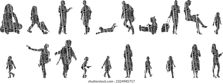Vector illustration, Outline silhouettes of people, Contour drawing, people silhouette, Icon Set Isolated , Silhouette of sitting people, Architectural set	
