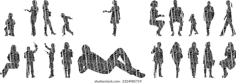 Vector illustration, Outline silhouettes of people, Contour drawing, people silhouette, Icon Set Isolated , Silhouette of sitting people, Architectural set	
