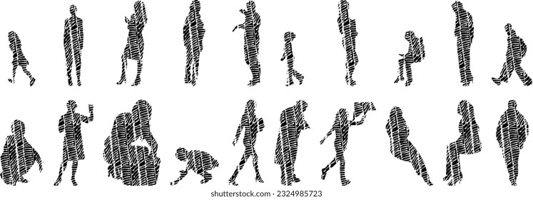Vector illustration, Outline silhouettes of people, Contour drawing, people silhouette, Icon Set Isolated , Silhouette of sitting people, Architectural set	
