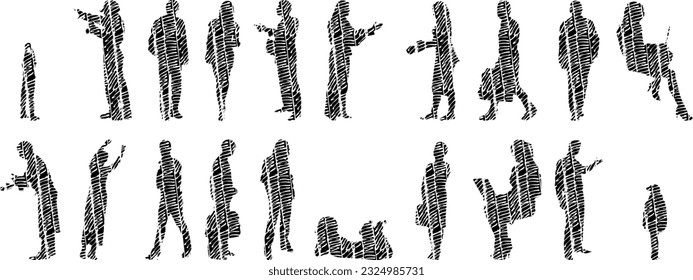 Vector illustration, Outline silhouettes of people, Contour drawing, people silhouette, Icon Set Isolated , Silhouette of sitting people, Architectural set	
