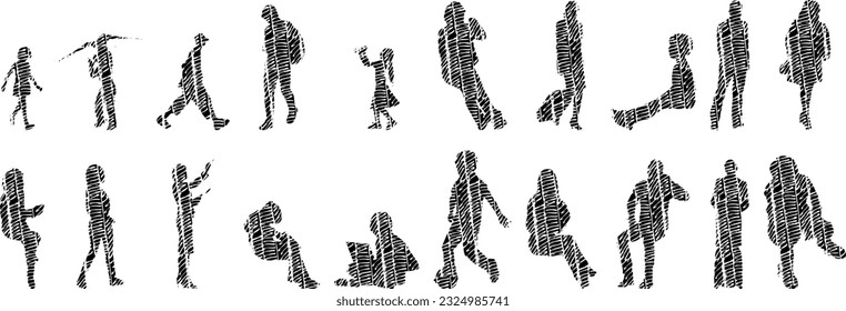 Vector illustration, Outline silhouettes of people, Contour drawing, people silhouette, Icon Set Isolated , Silhouette of sitting people, Architectural set	
