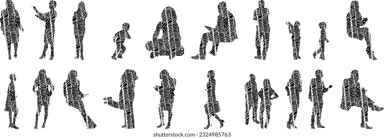 Vector illustration, Outline silhouettes of people, Contour drawing, people silhouette, Icon Set Isolated , Silhouette of sitting people, Architectural set	
