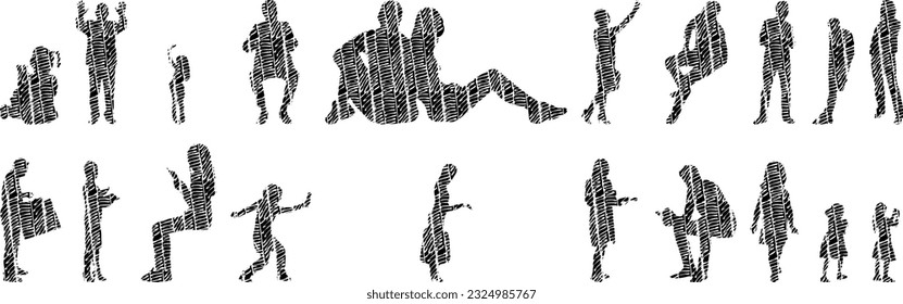 Vector illustration, Outline silhouettes of people, Contour drawing, people silhouette, Icon Set Isolated , Silhouette of sitting people, Architectural set	
