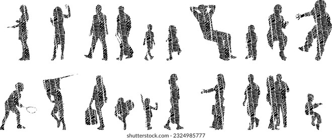 Vector illustration, Outline silhouettes of people, Contour drawing, people silhouette, Icon Set Isolated , Silhouette of sitting people, Architectural set	
