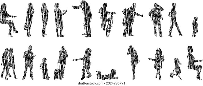 Vector illustration, Outline silhouettes of people, Contour drawing, people silhouette, Icon Set Isolated , Silhouette of sitting people, Architectural set	
