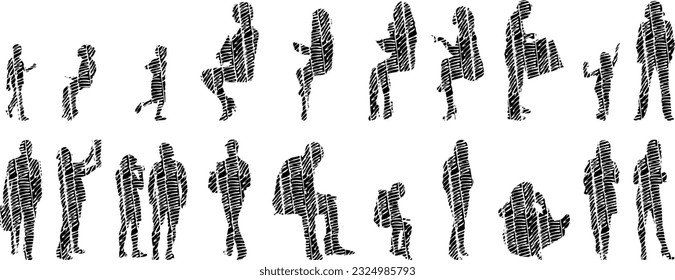 Vector illustration, Outline silhouettes of people, Contour drawing, people silhouette, Icon Set Isolated , Silhouette of sitting people, Architectural set	
