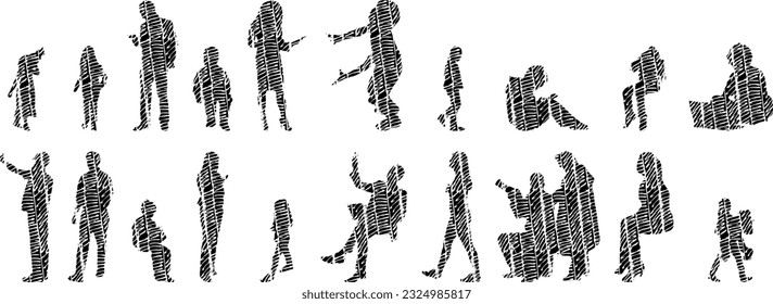 Vector illustration, Outline silhouettes of people, Contour drawing, people silhouette, Icon Set Isolated , Silhouette of sitting people, Architectural set	
