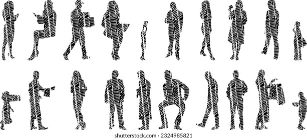 Vector illustration, Outline silhouettes of people, Contour drawing, people silhouette, Icon Set Isolated , Silhouette of sitting people, Architectural set	
